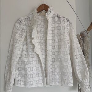 Sezane White Lace Ruffled Button-Front Blouse Size 34